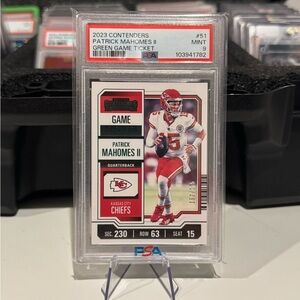 2023 Panini Contenders Patrick Mahomes II Green Game Ticket /175 Card. PSA 9